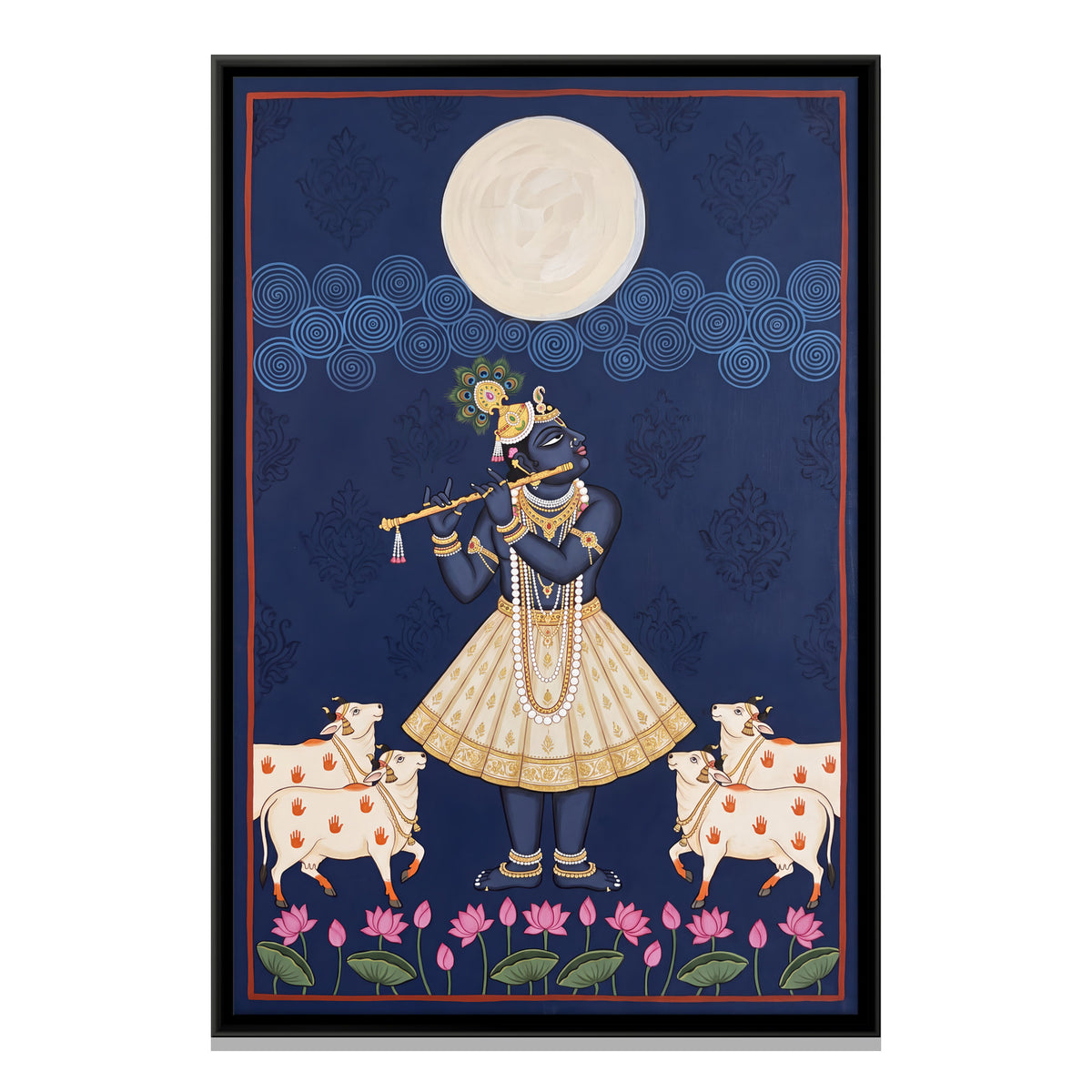 Krishna Playing the Flute by Moonlight - framed canvas print, front view