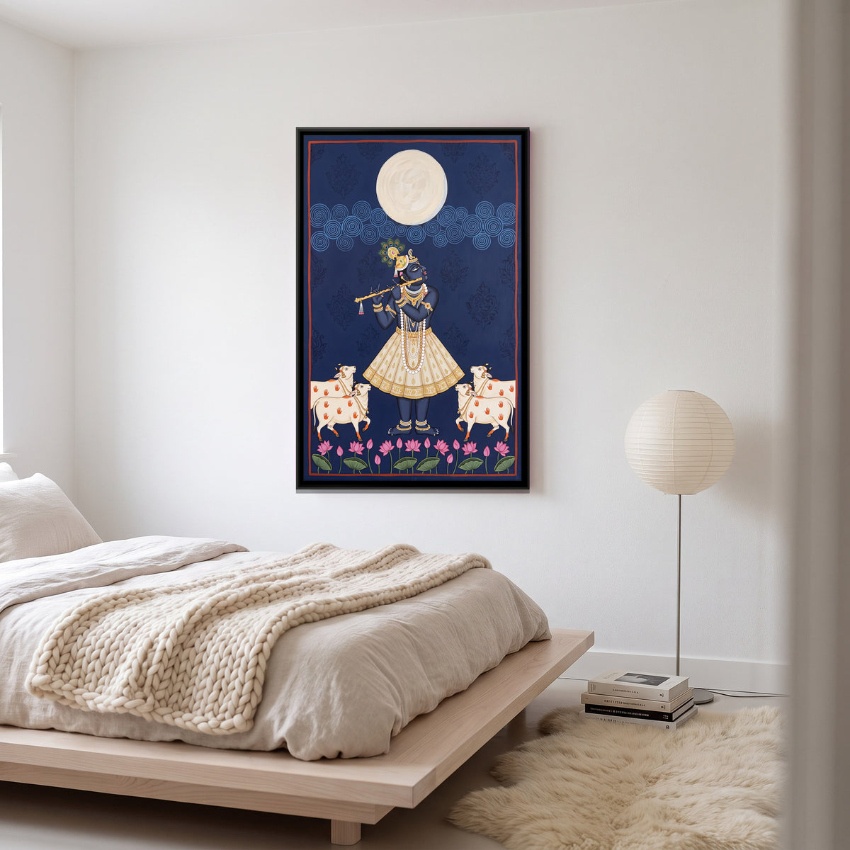 Krishna Playing the Flute by Moonlight - canvas art shown in a second room setting