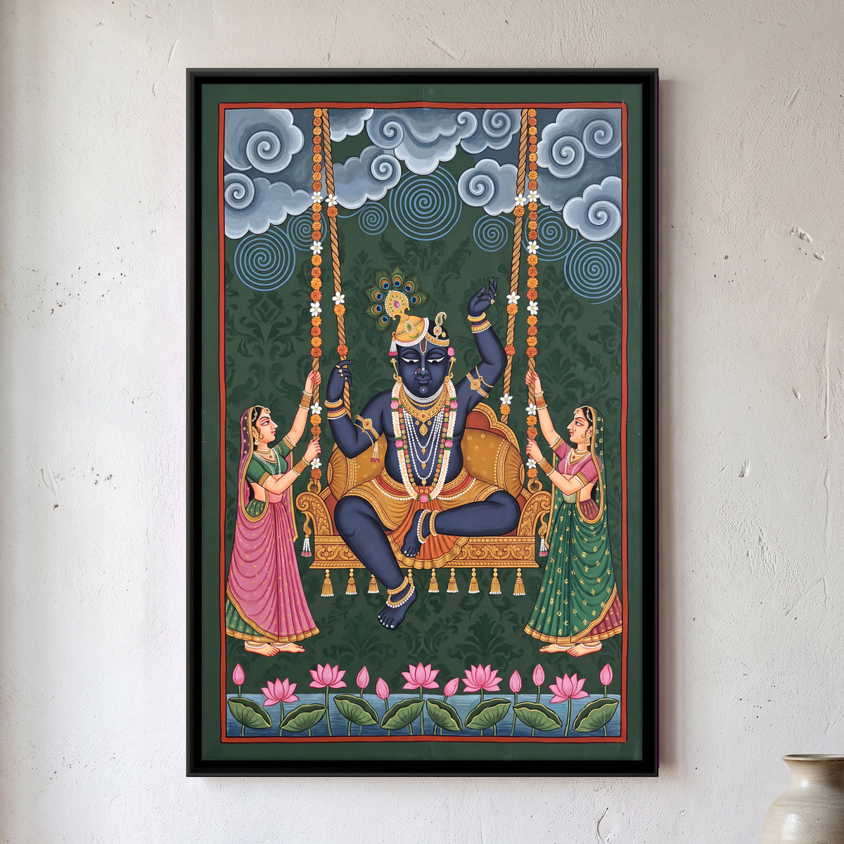 Krishna on a Flower Swing - framed canvas art hung on a wall