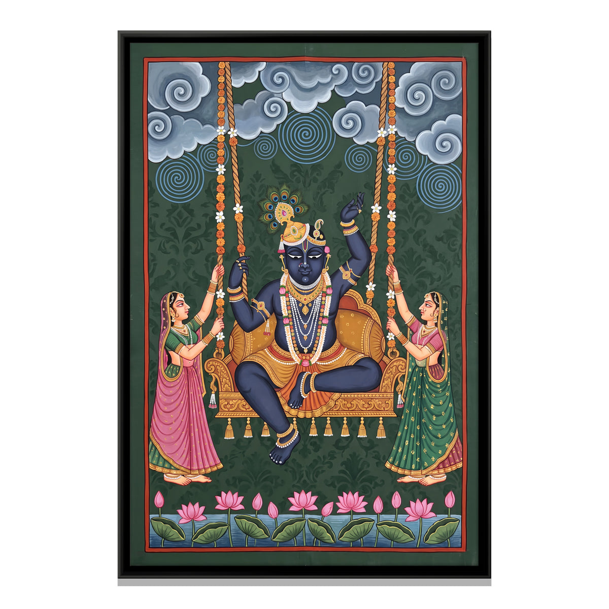 Krishna on a Flower Swing - framed canvas print, front view