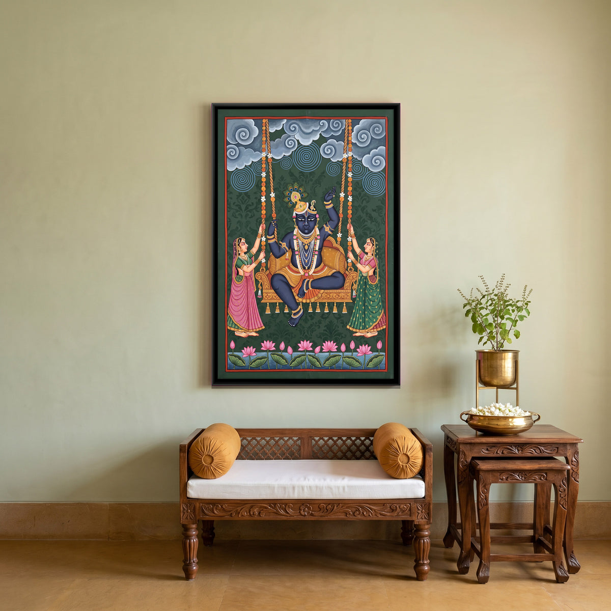 Krishna on a Flower Swing - canvas art shown in a styled room