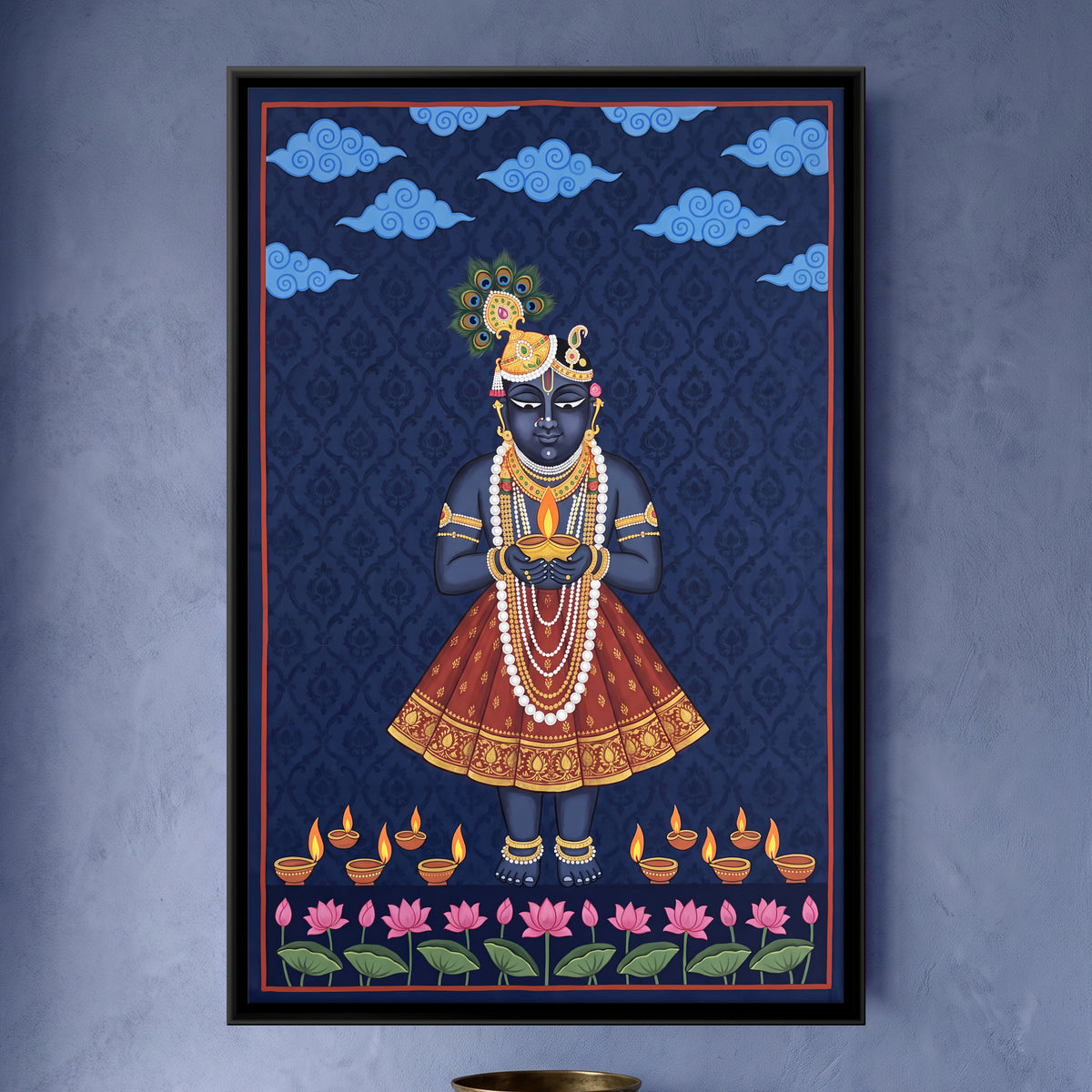 Shrinathji with Oil Lamps - framed canvas art hung on a wall