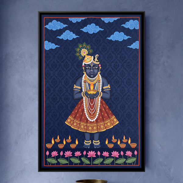 Shrinathji Holding a Bowl with Lit Oil Lamps in Indigo