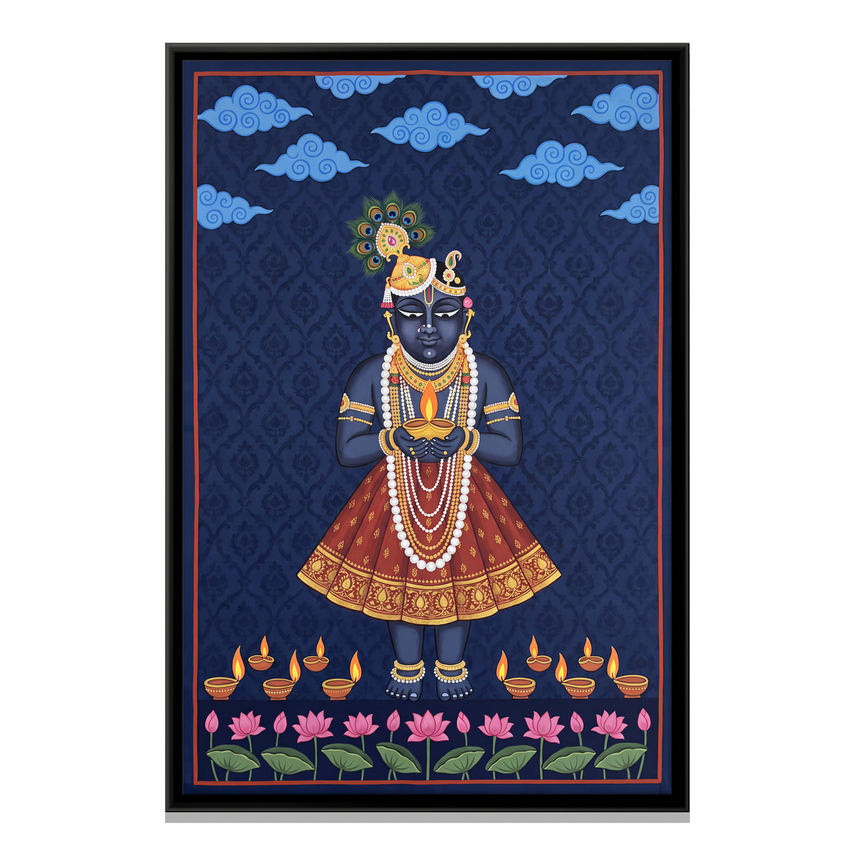Shrinathji with Oil Lamps - framed canvas print, front view