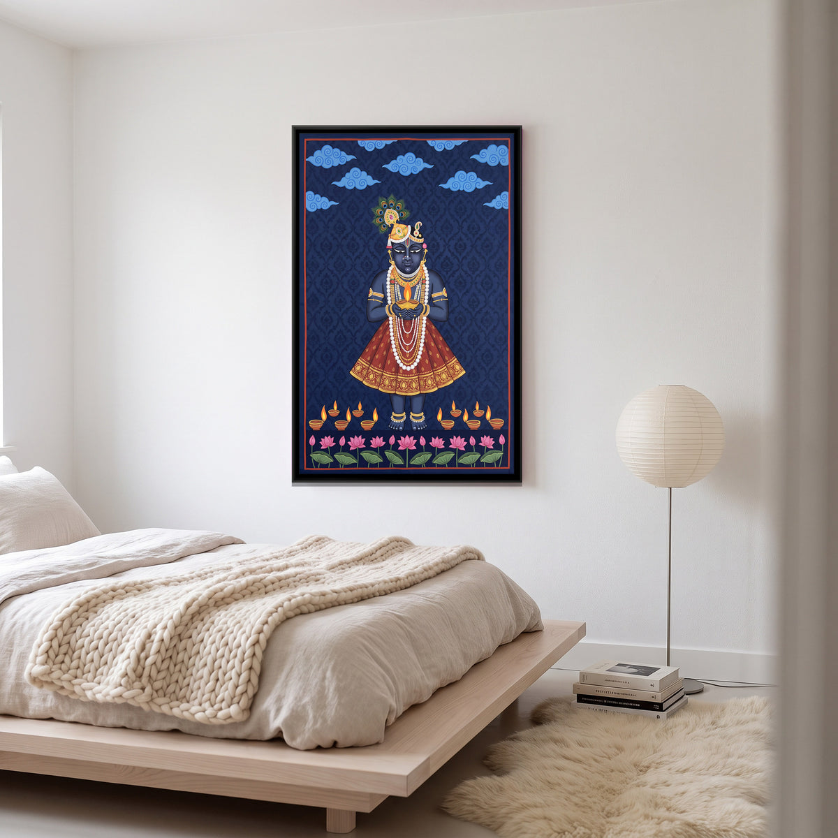 Shrinathji with Oil Lamps - canvas art shown in a styled room