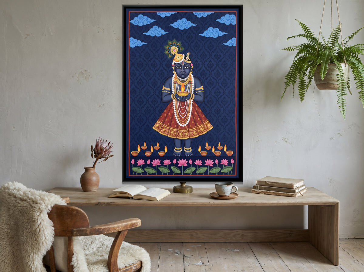 Shrinathji with Oil Lamps - canvas art shown in a second room setting