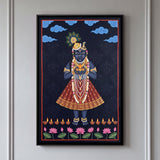 Shrinathji Holding a Bowl with Lit Oil Lamps in Indigo, 3:2