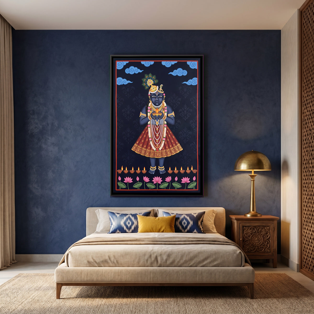 Shrinathji with Oil Lamps - canvas art shown in a styled room