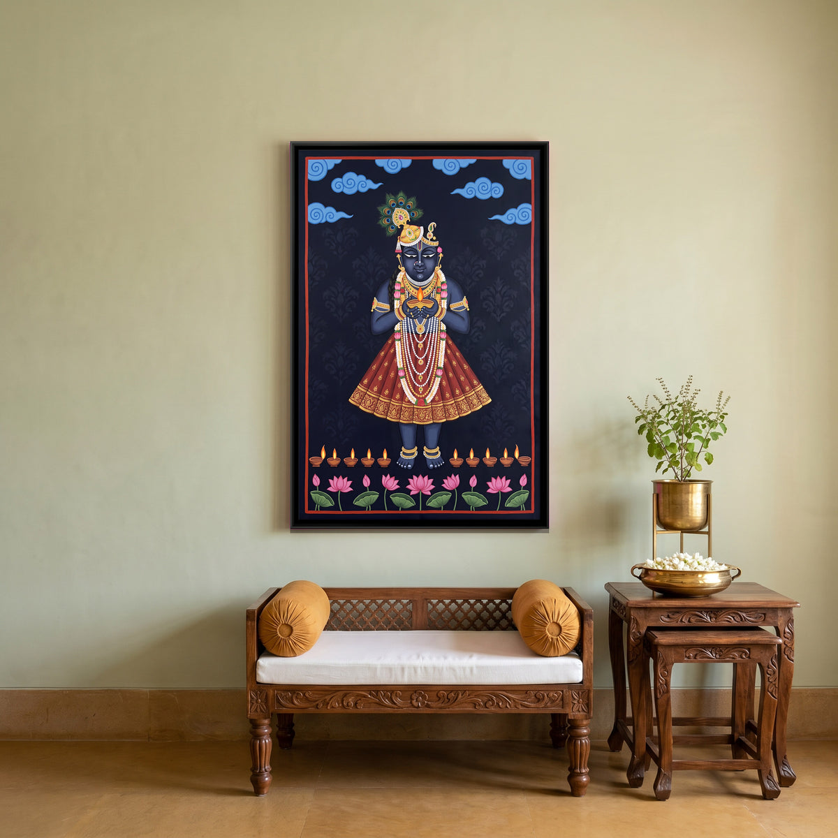 Shrinathji with Oil Lamps - canvas art shown in a second room setting