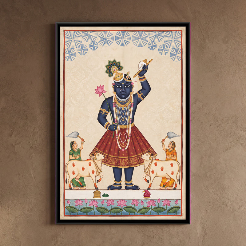 Shrinathji with Cows - framed canvas art hung on a wall