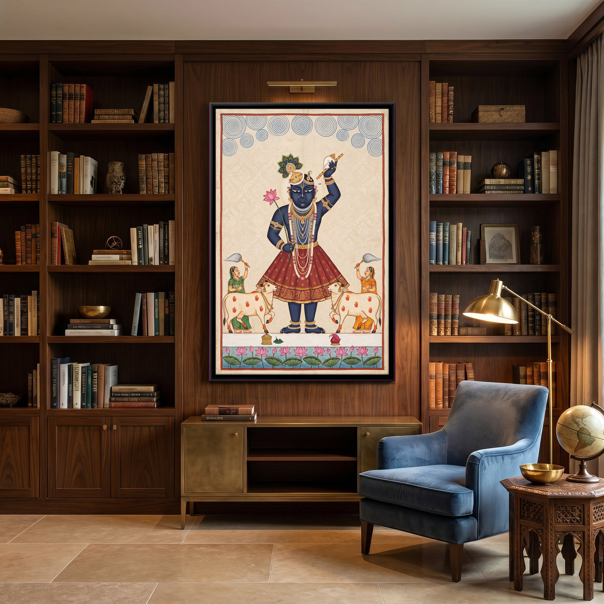 Shrinathji with Cows - canvas art shown in a styled room