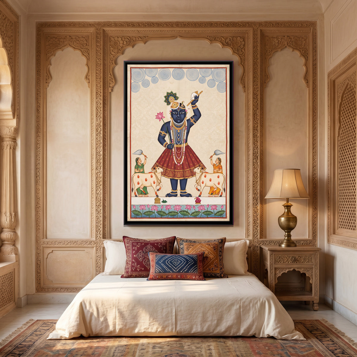Shrinathji with Cows - canvas art shown in a second room setting