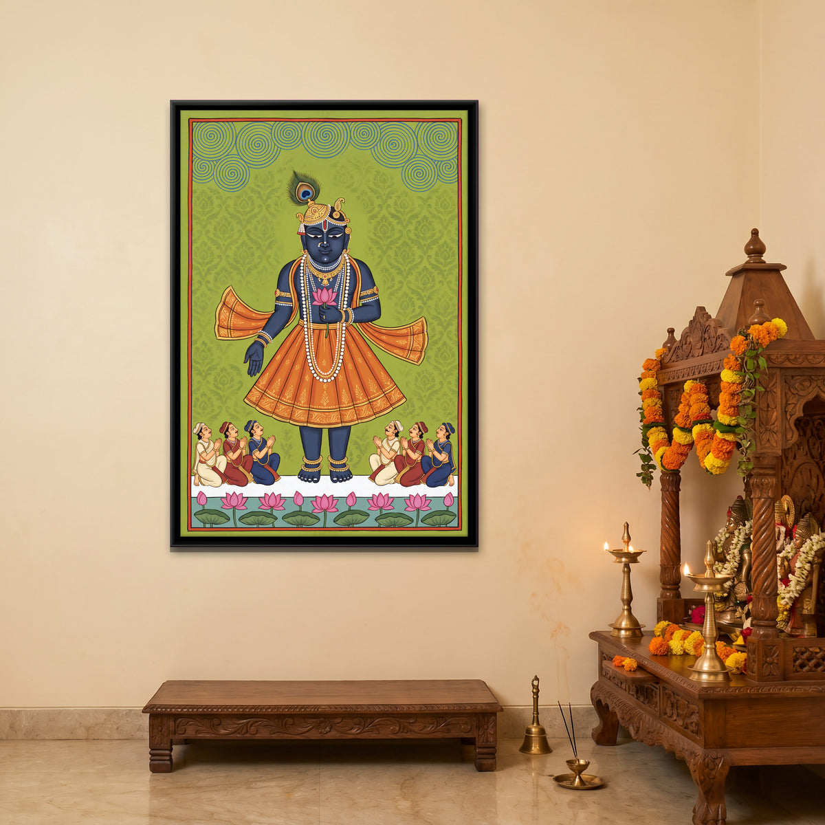 Shrinathji Blessing His Devotees - canvas art shown in a styled room
