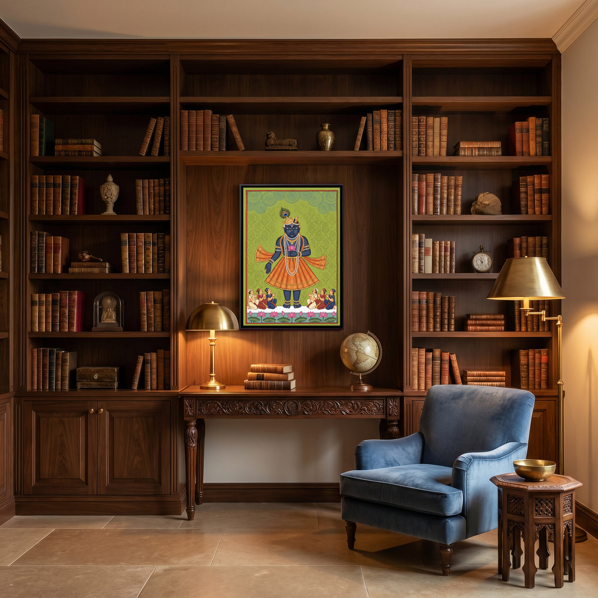 Shrinathji Blessing His Devotees - canvas art shown in a second room setting