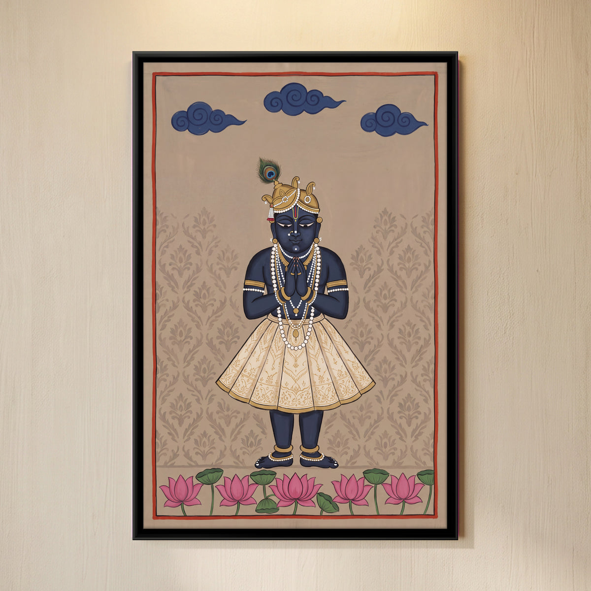 Krishna with Folded Hands - framed canvas art hung on a wall