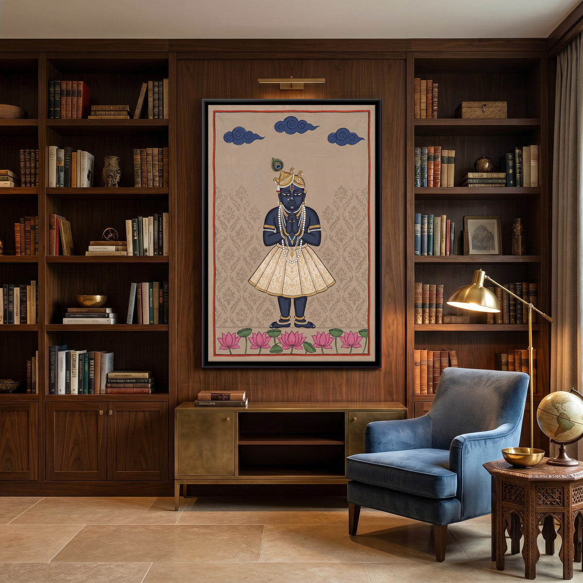 Krishna with Folded Hands - canvas art shown in a styled room