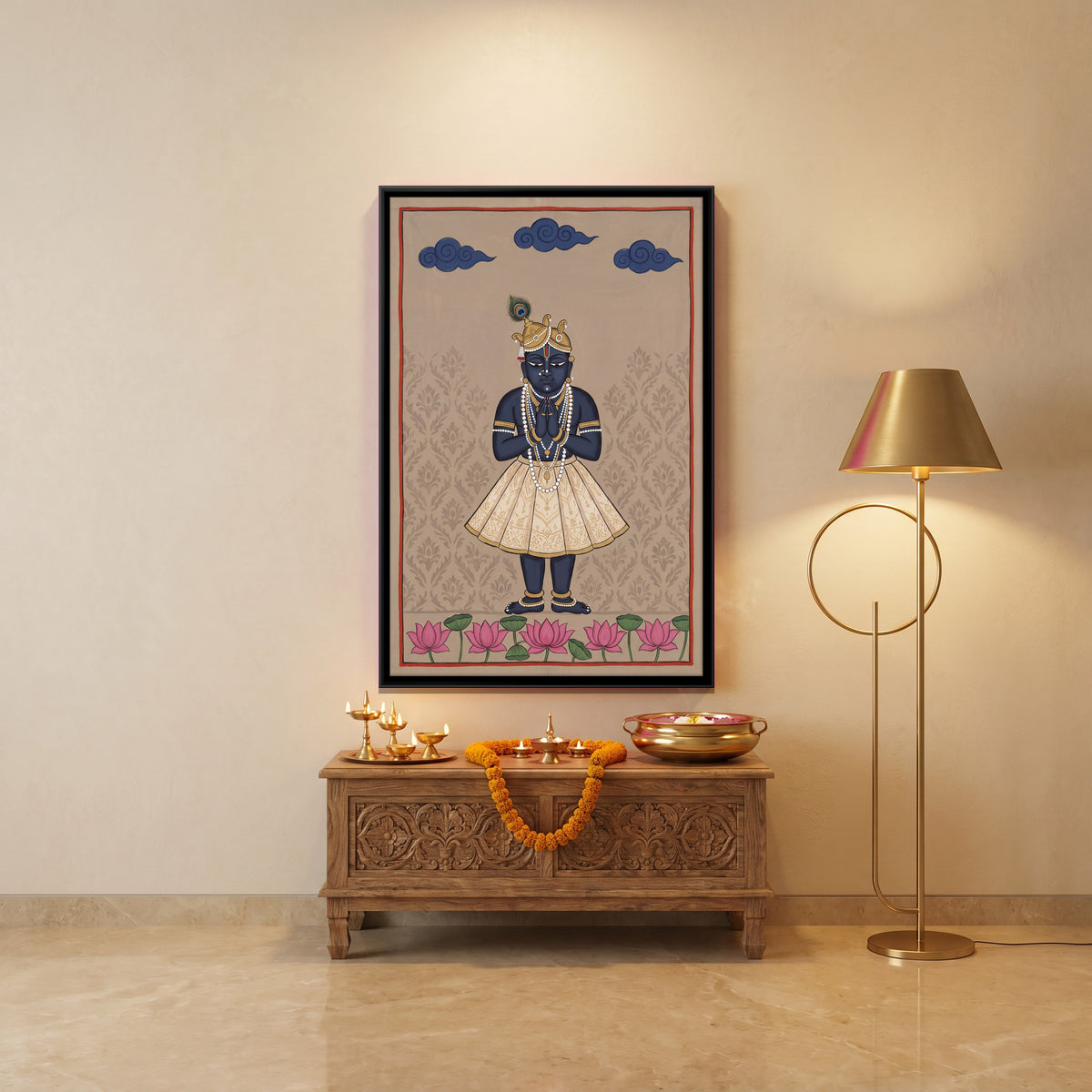 Krishna with Folded Hands - canvas art shown in a second room setting