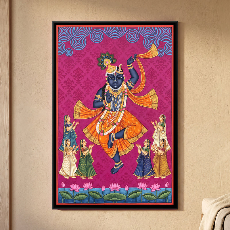 Krishna Dancing with the Gopis - framed canvas art hung on a wall