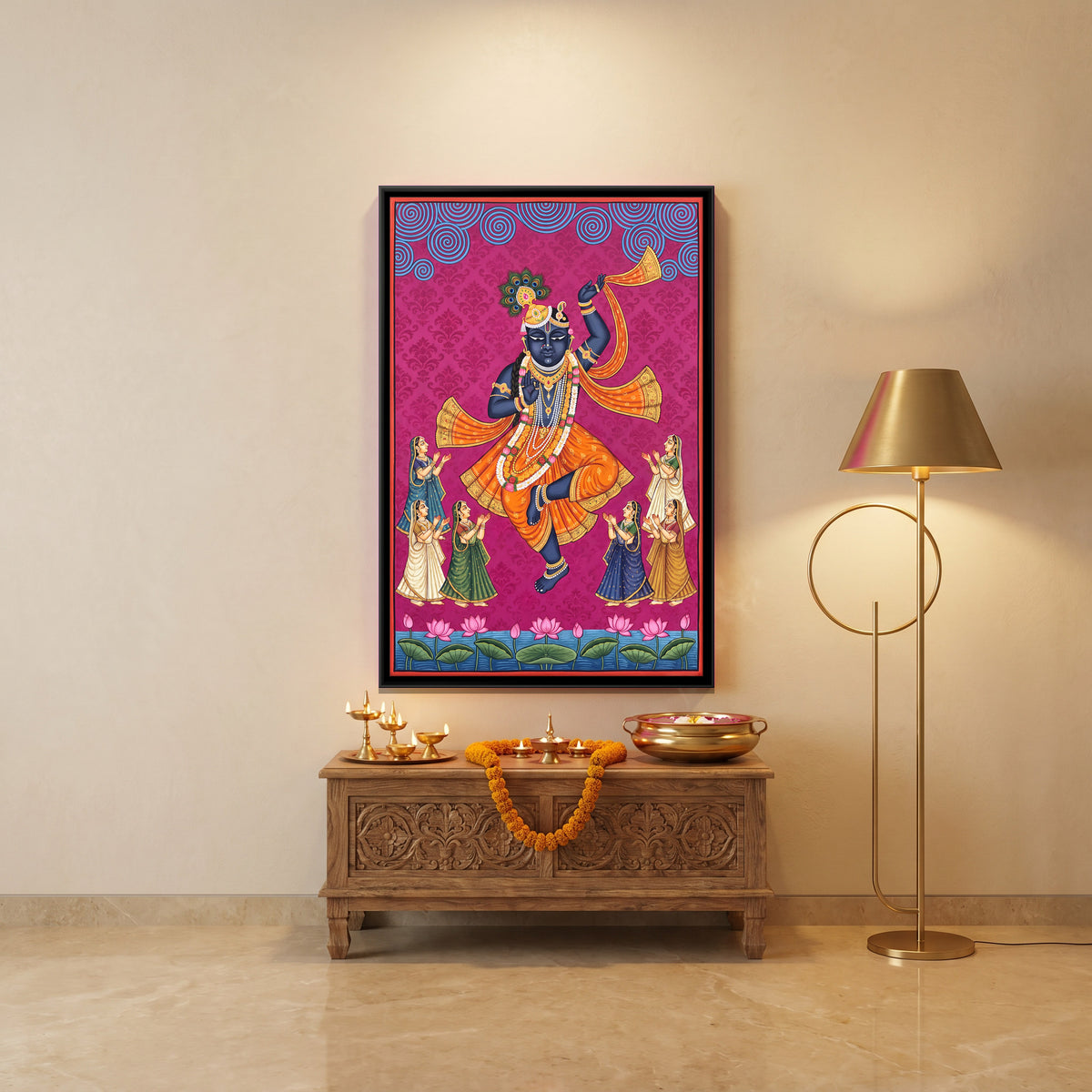 Krishna Dancing with the Gopis - canvas art shown in a styled room