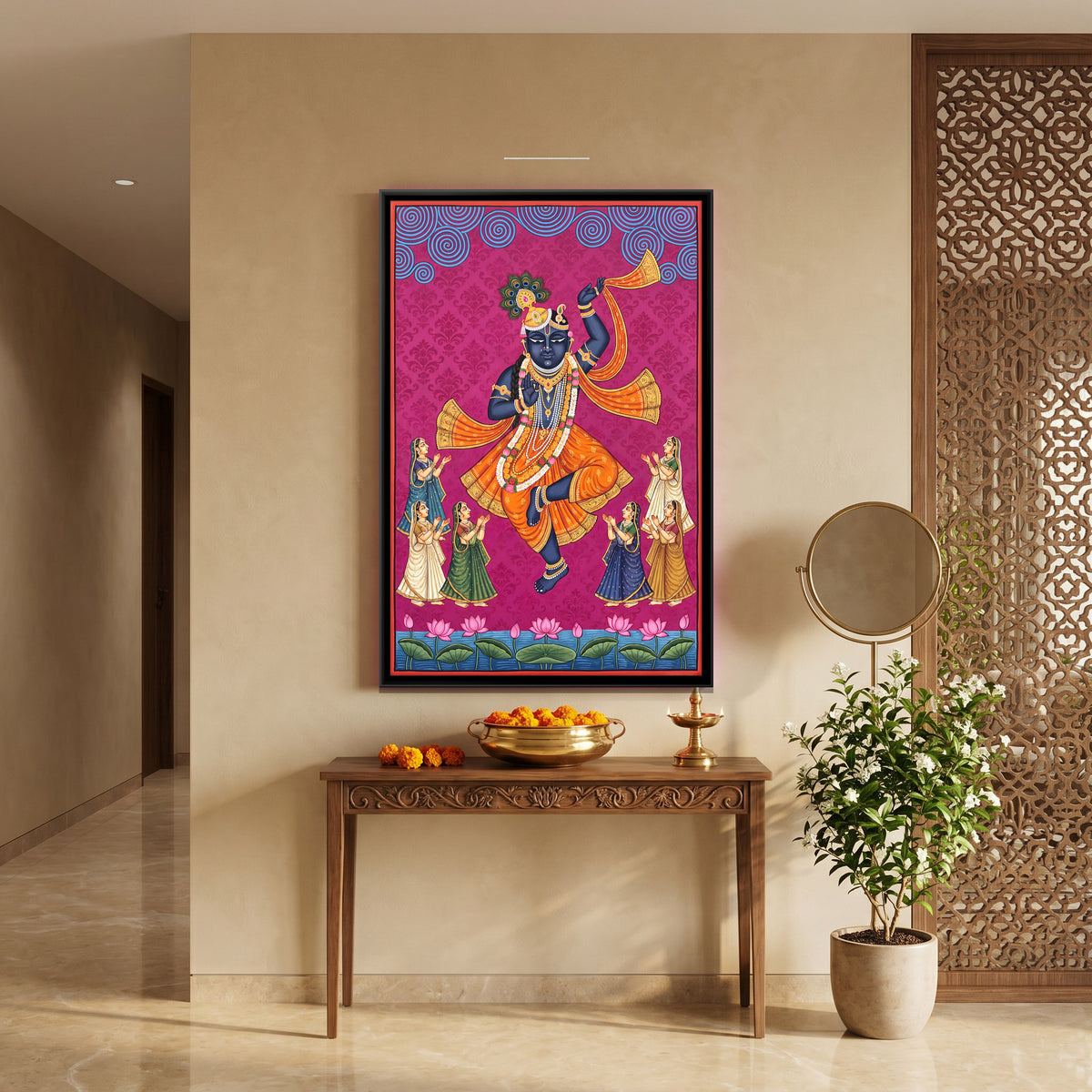 Krishna Dancing with the Gopis - canvas art shown in a second room setting