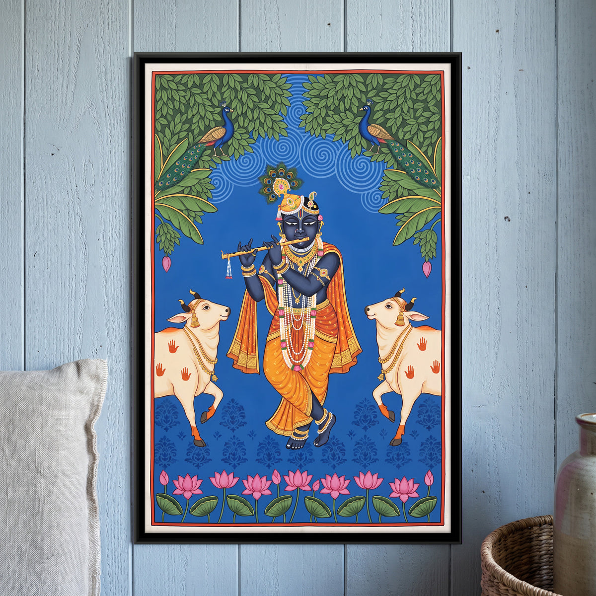 Krishna Playing the Flute with Cows - framed canvas art hung on a wall