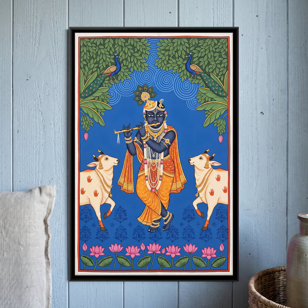 Shri Krishna Playing the Flute with Cows in Azure