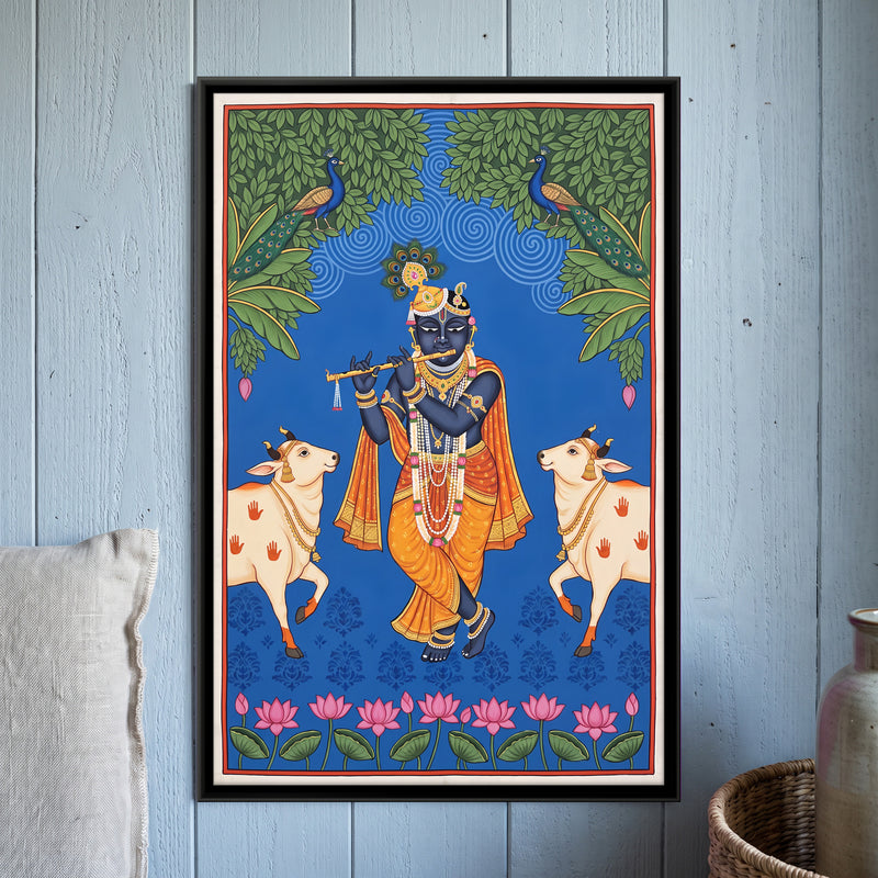 Krishna Playing the Flute with Cows - framed canvas art hung on a wall