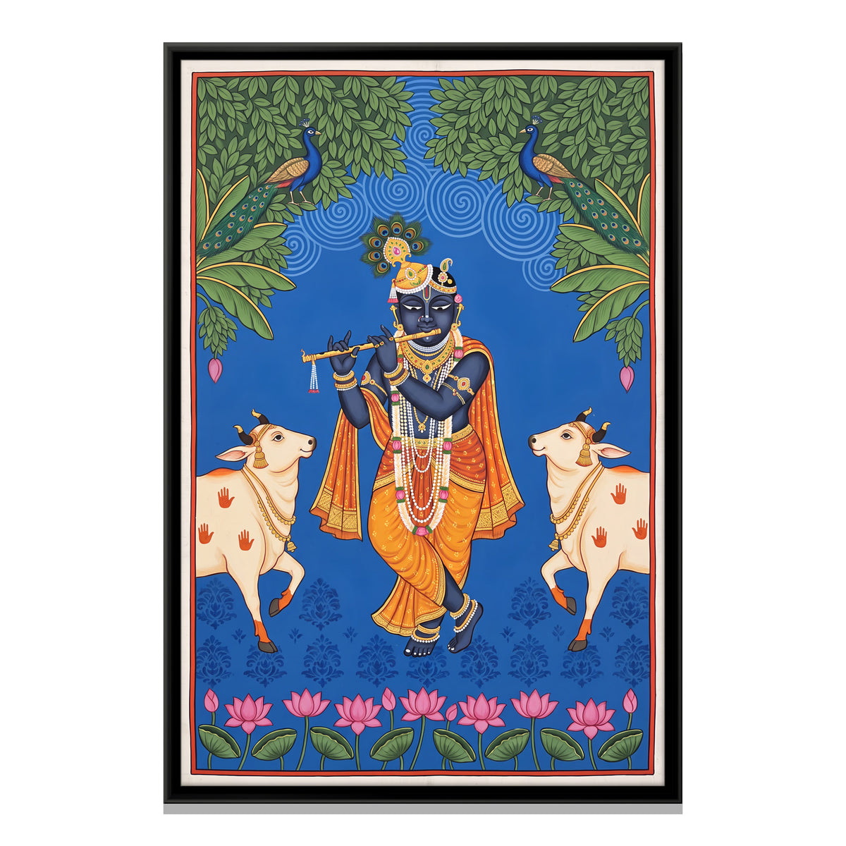 Krishna Playing the Flute with Cows - framed canvas print, front view