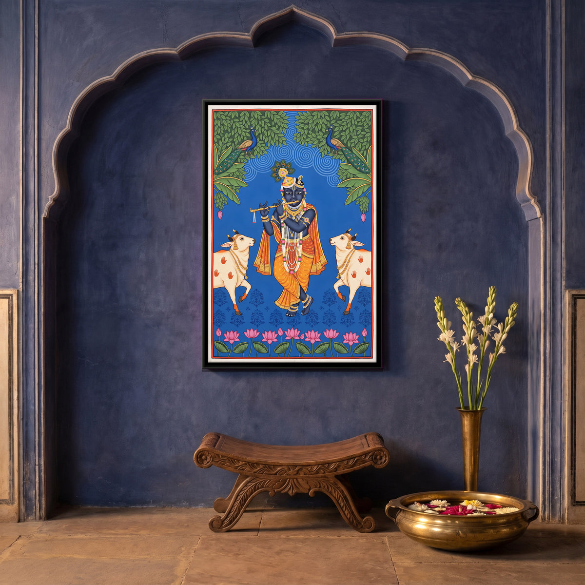 Krishna Playing the Flute with Cows - canvas art shown in a styled room