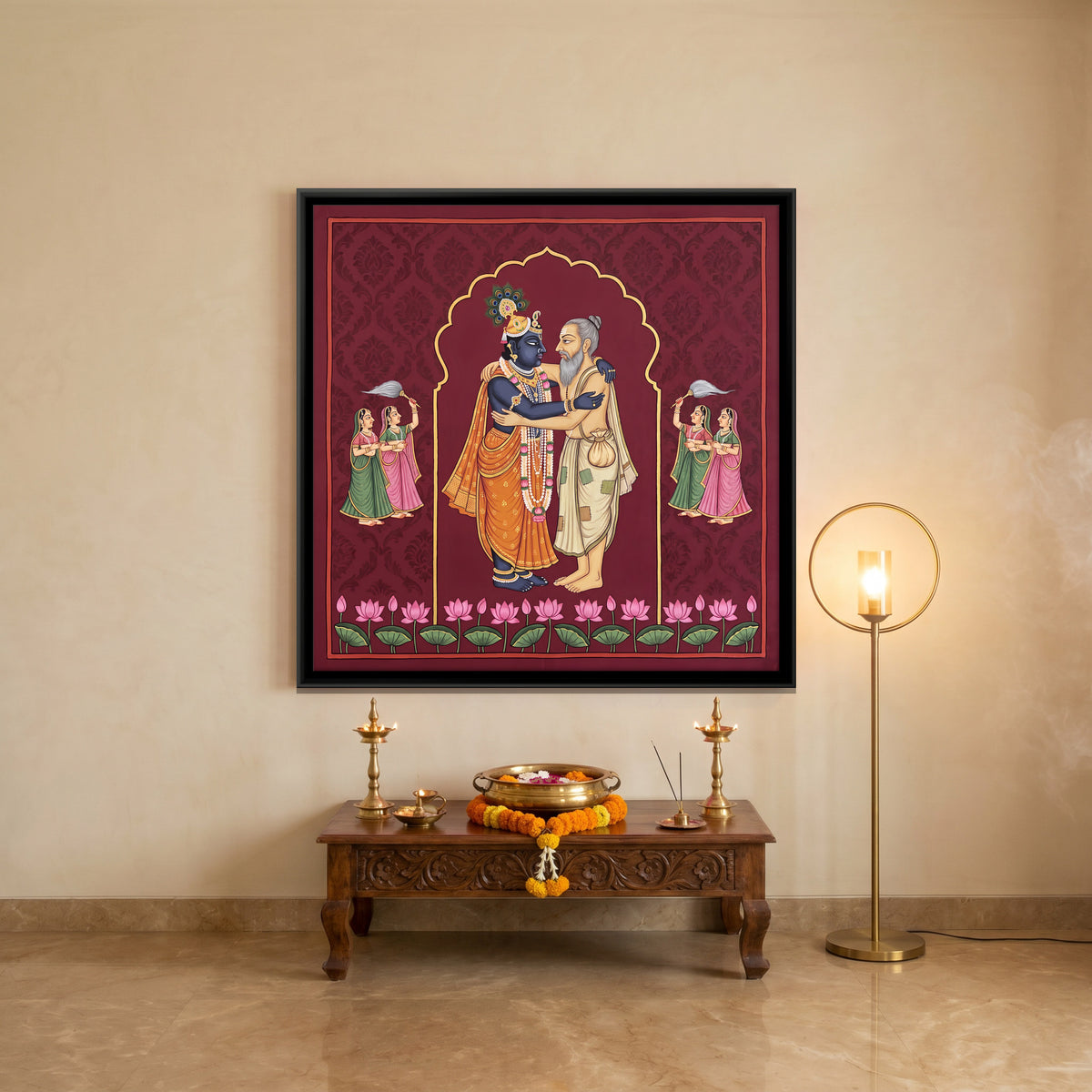 Krishna and Sudama - canvas art shown in a styled room