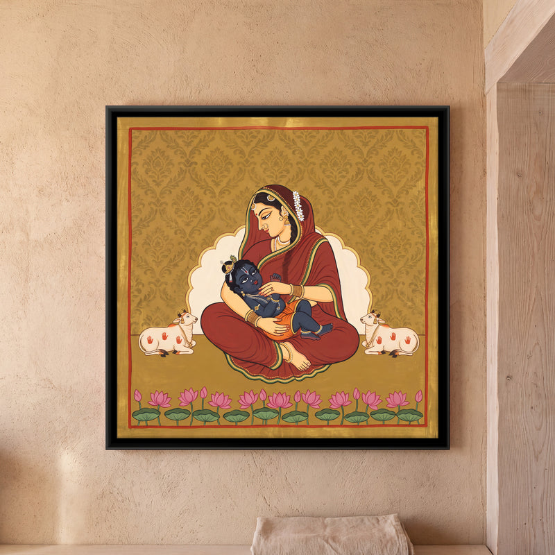 Yashoda with Baby Krishna - framed canvas art hung on a wall