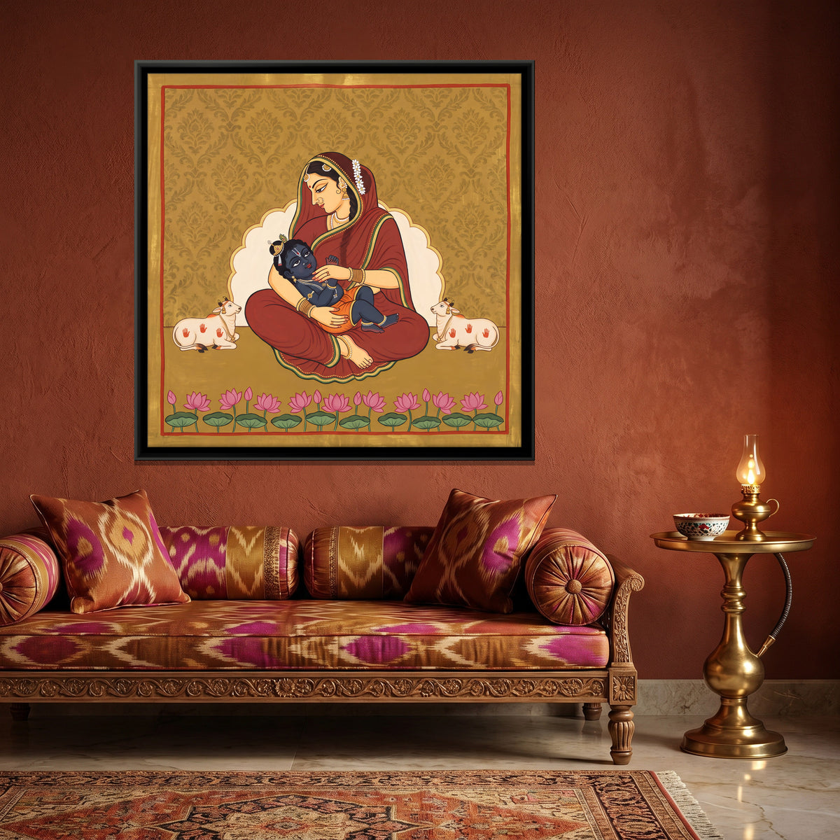 Yashoda with Baby Krishna - canvas art shown in a second room setting