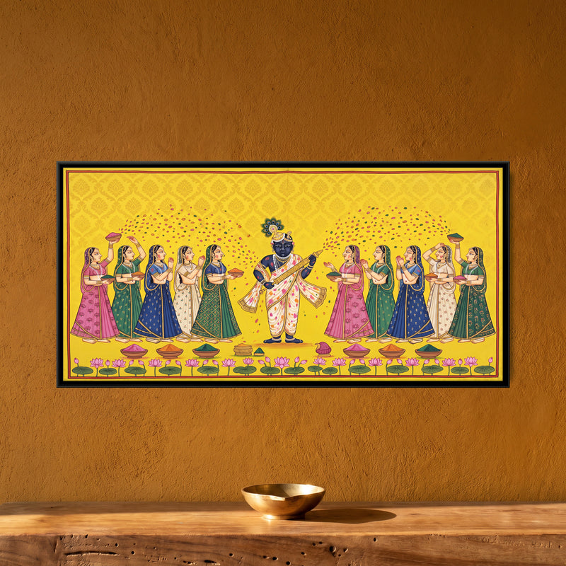 Krishna Playing Holi with the Gopis - framed canvas art hung on a wall