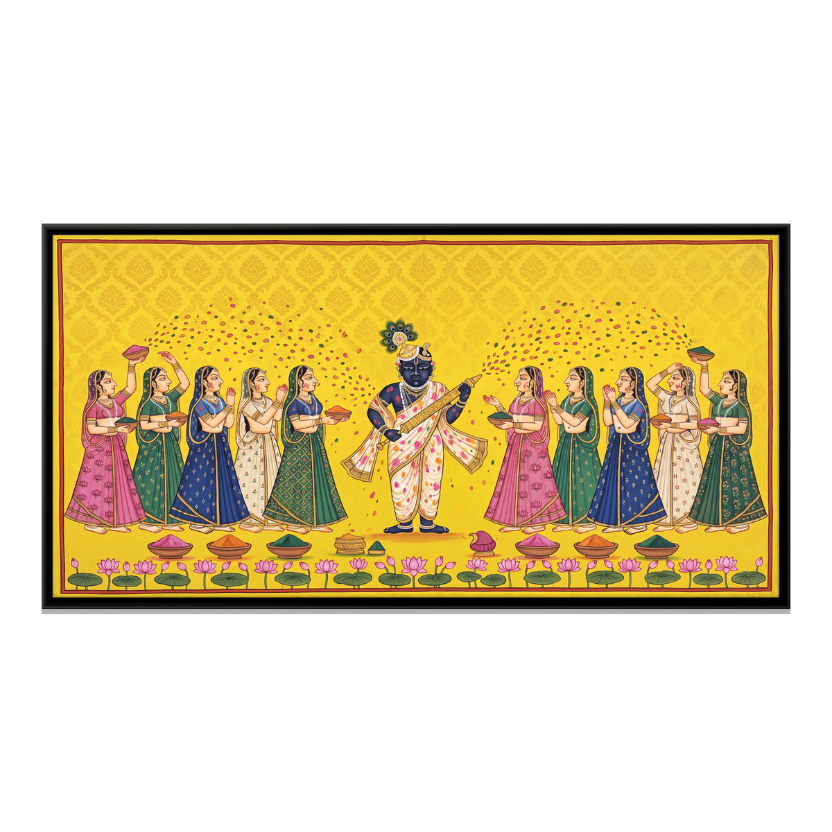 Krishna Playing Holi with the Gopis - framed canvas print, front view