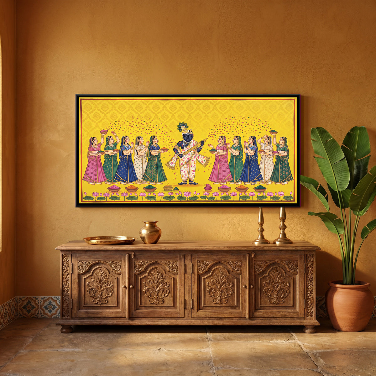 Krishna Playing Holi with the Gopis - canvas art shown in a styled room