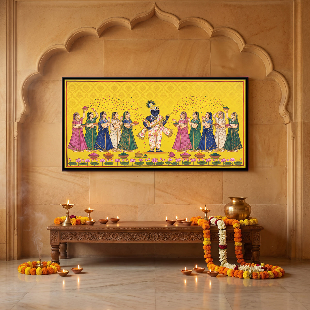 Krishna Playing Holi with the Gopis - canvas art shown in a second room setting