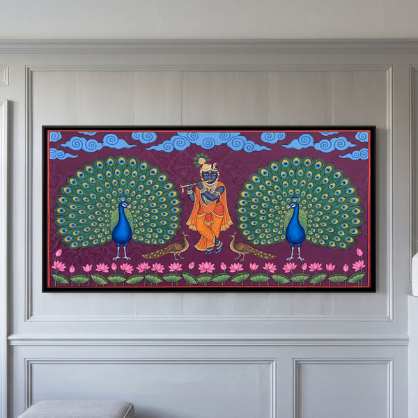 Shri Krishna Playing Flute with Dancing Peacocks