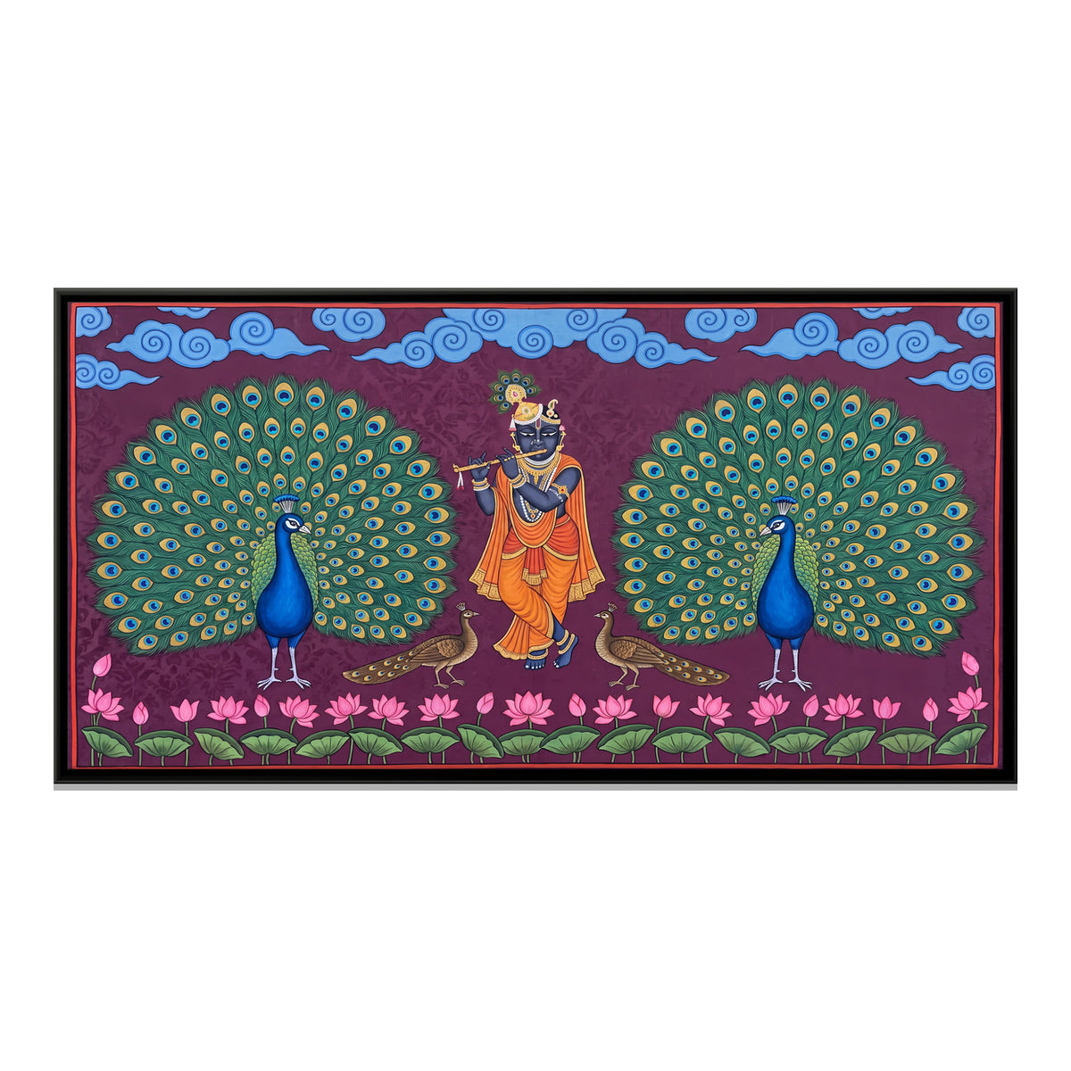 Krishna with Dancing Peacocks - framed canvas print, front view