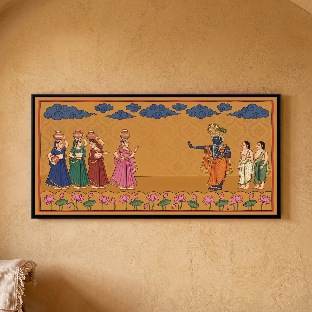 Krishna Stopping the Gopis - framed canvas art hung on a wall