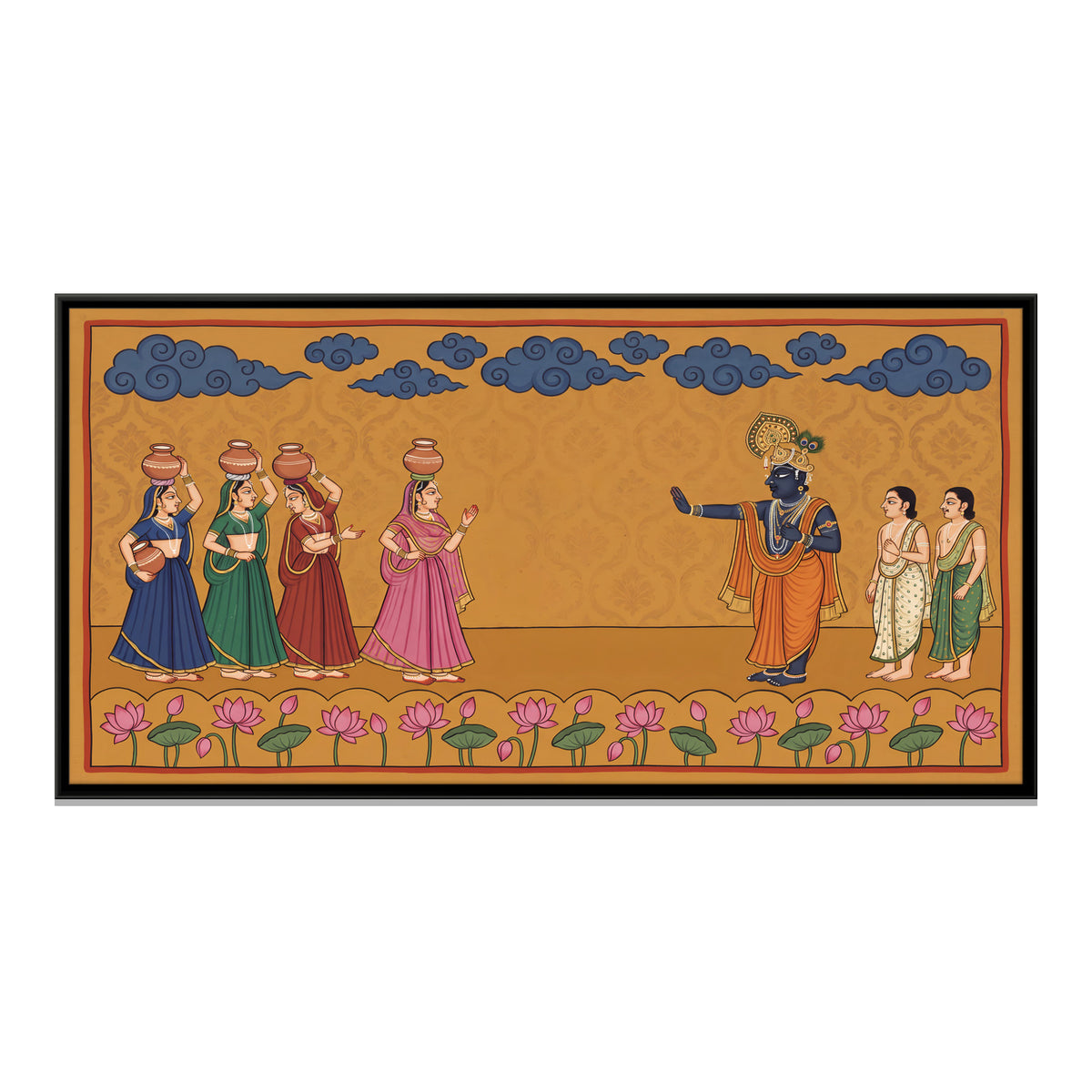 Krishna Stopping the Gopis - framed canvas print, front view