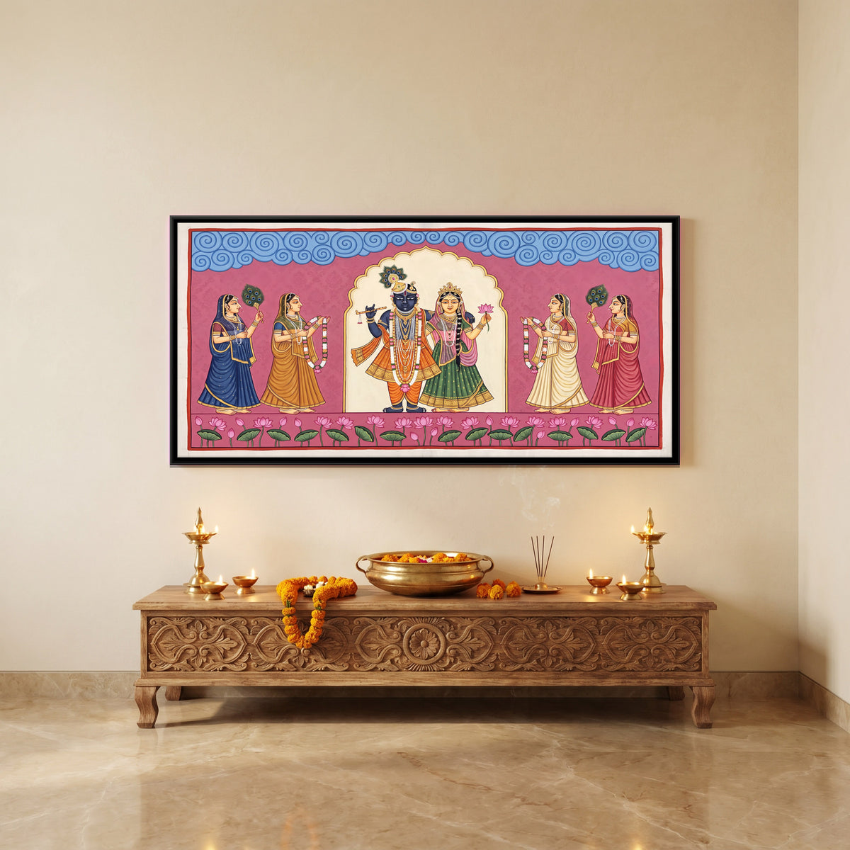 Radha and Krishna with Gopis - canvas art shown in a styled room