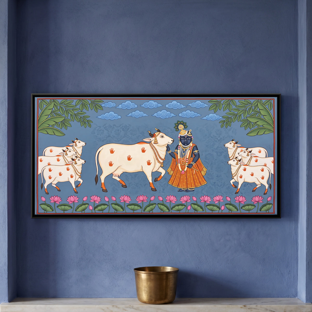 Krishna with Cows - framed canvas art hung on a wall