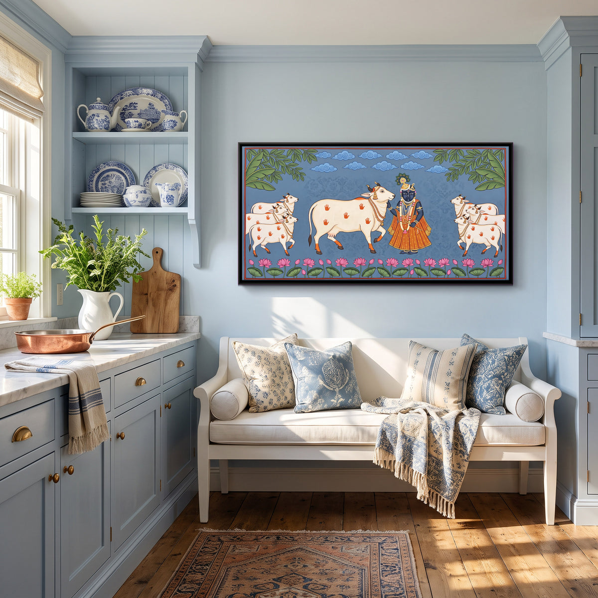 Krishna with Cows - canvas art shown in a styled room