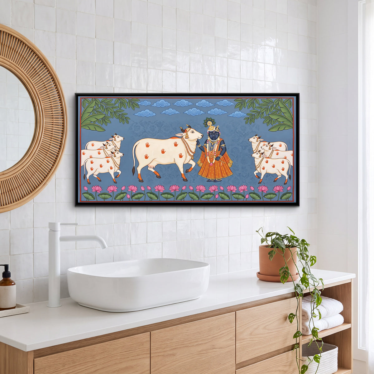 Krishna with Cows - canvas art shown in a second room setting