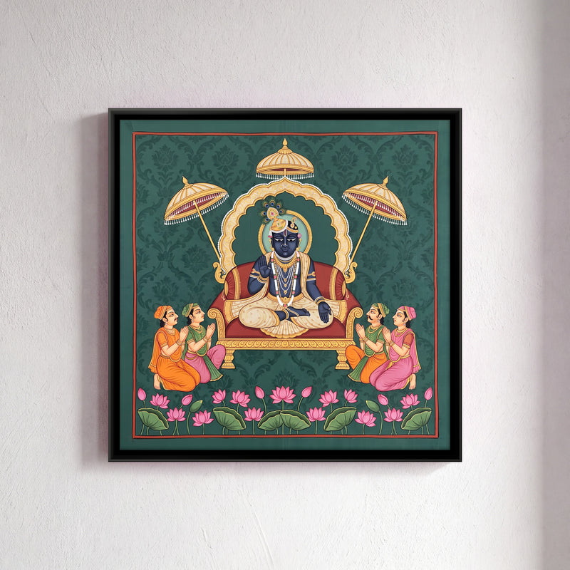Krishna Enthroned with Devotees - framed canvas art hung on a wall