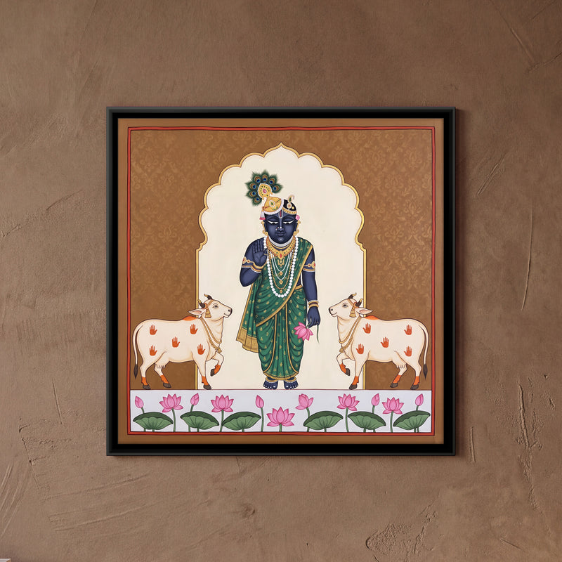 Krishna with Two Cows - framed canvas art hung on a wall