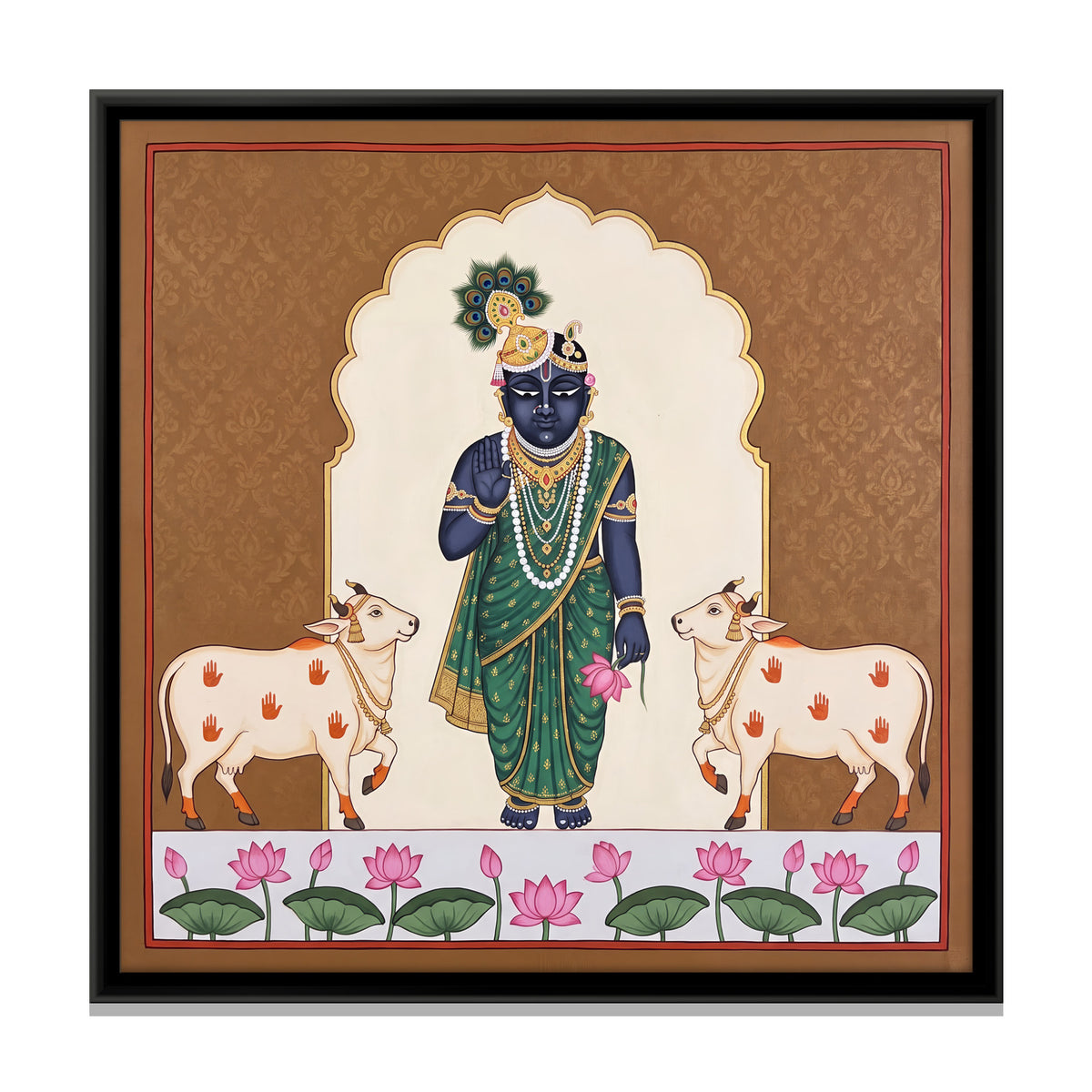 Krishna with Two Cows - framed canvas print, front view