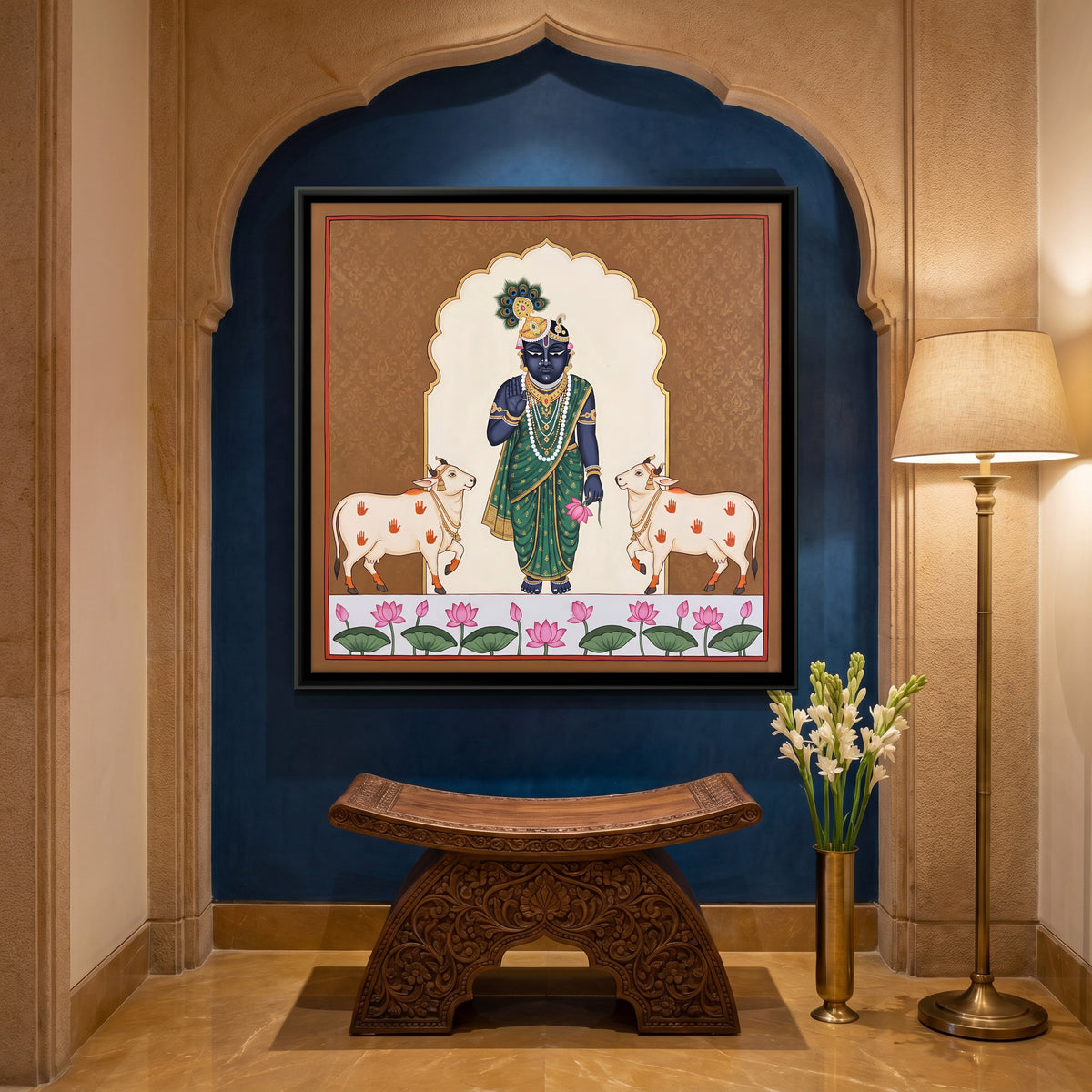 Krishna with Two Cows - canvas art shown in a styled room