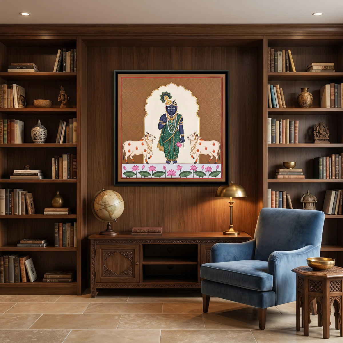 Krishna with Two Cows - canvas art shown in a second room setting