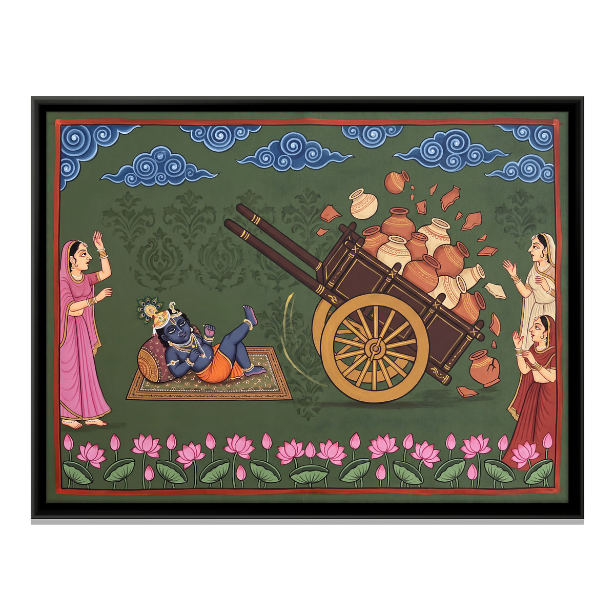 Infant Krishna Overturns the Cart - framed canvas print, front view